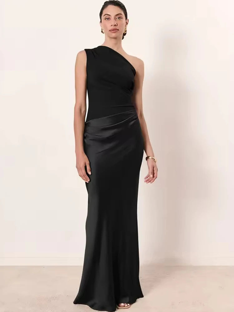 🍒Mixed media outfit satin one shoulder maxi dress brown sleeveless evening dress for Summer slim elegant party clubwear Look SMOOTH In CHOCOLATE