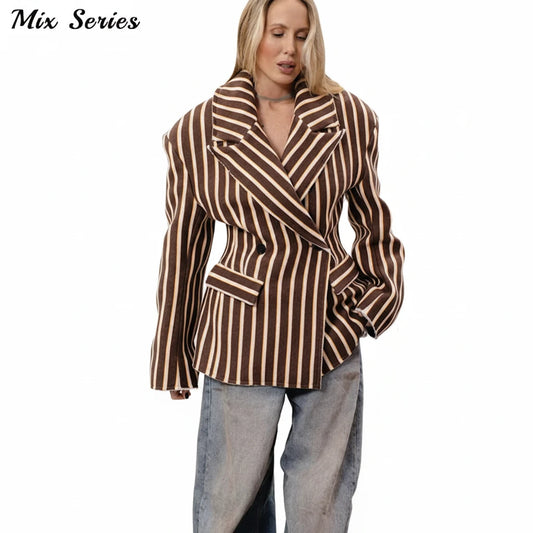 🍒Striped print blazer women's full Sleeve jacket with notched lapel collar double breasted spring coat fashion wear office clothing Look Chocolate In Orange