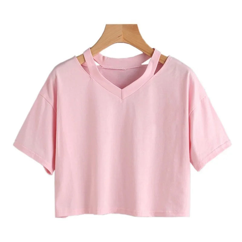 🍒Solid colour open shoulder t-shirt hollow solid colour tee v-neck women's short sleeve tops tank