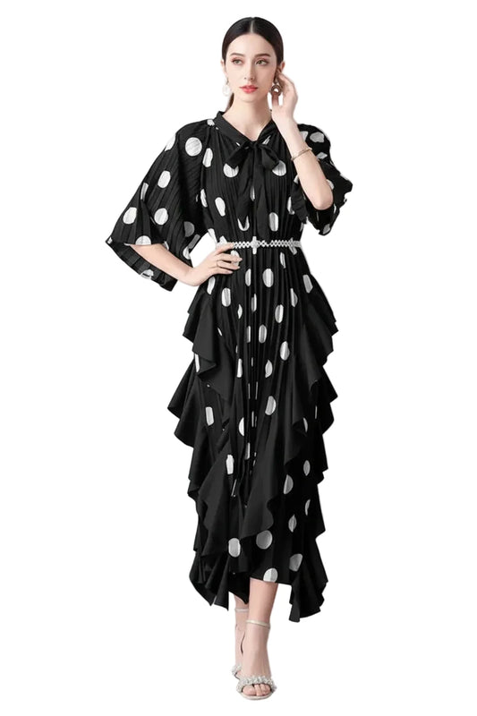 🍒Dress with polka dots simple pleats and ruffled edges summer outfit looks long loose fit smart primted casual wear loose Fit clothing and Slimming Effect party occasion clothing Lucky You Spotted this Spot