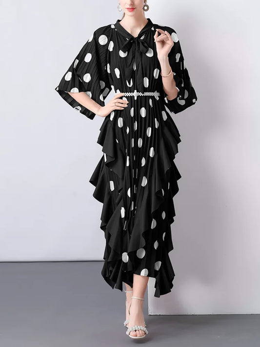 🍒Dress with polka dots simple pleats and ruffled edges summer outfit looks long loose fit smart primted casual wear loose Fit clothing and Slimming Effect party occasion clothing Lucky You Spotted this Spot