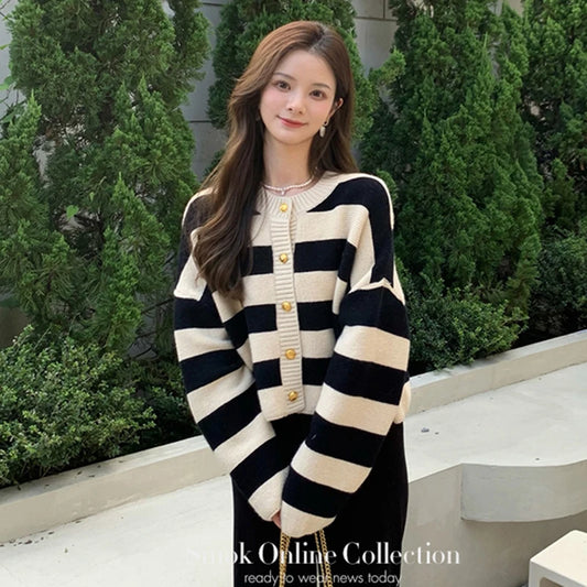 🍒Striped womens cardigan Y2K asthetics sweet knitted jacket retro long sleeve sweater weather clothes spring autumn wear loose casual crop tops Cherri And Cream Stripe Delight