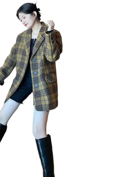 🍒Womens brown blazer vintage wool plaid Jacket autumn winter british style trendy eye catching yellow check coat long sleeve female smart casual clothing Chunky Check Charm