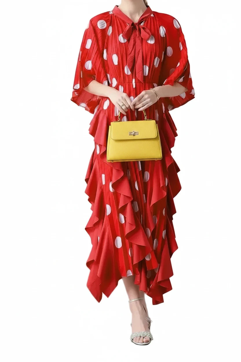 🍒Dress with polka dots simple pleats and ruffled edges summer outfit looks long loose fit smart primted casual wear loose Fit clothing and Slimming Effect party occasion clothing Lucky You Spotted this Spot