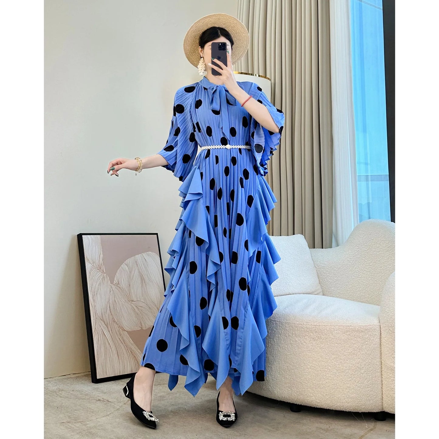 🍒 Dress with polka dots simple pleats and ruffled edges summer outfit looks long loose fit smart primted casual wear loose Fit clothing and Slimming Effect party occasion clothing Lucky You Spotted this Spot
