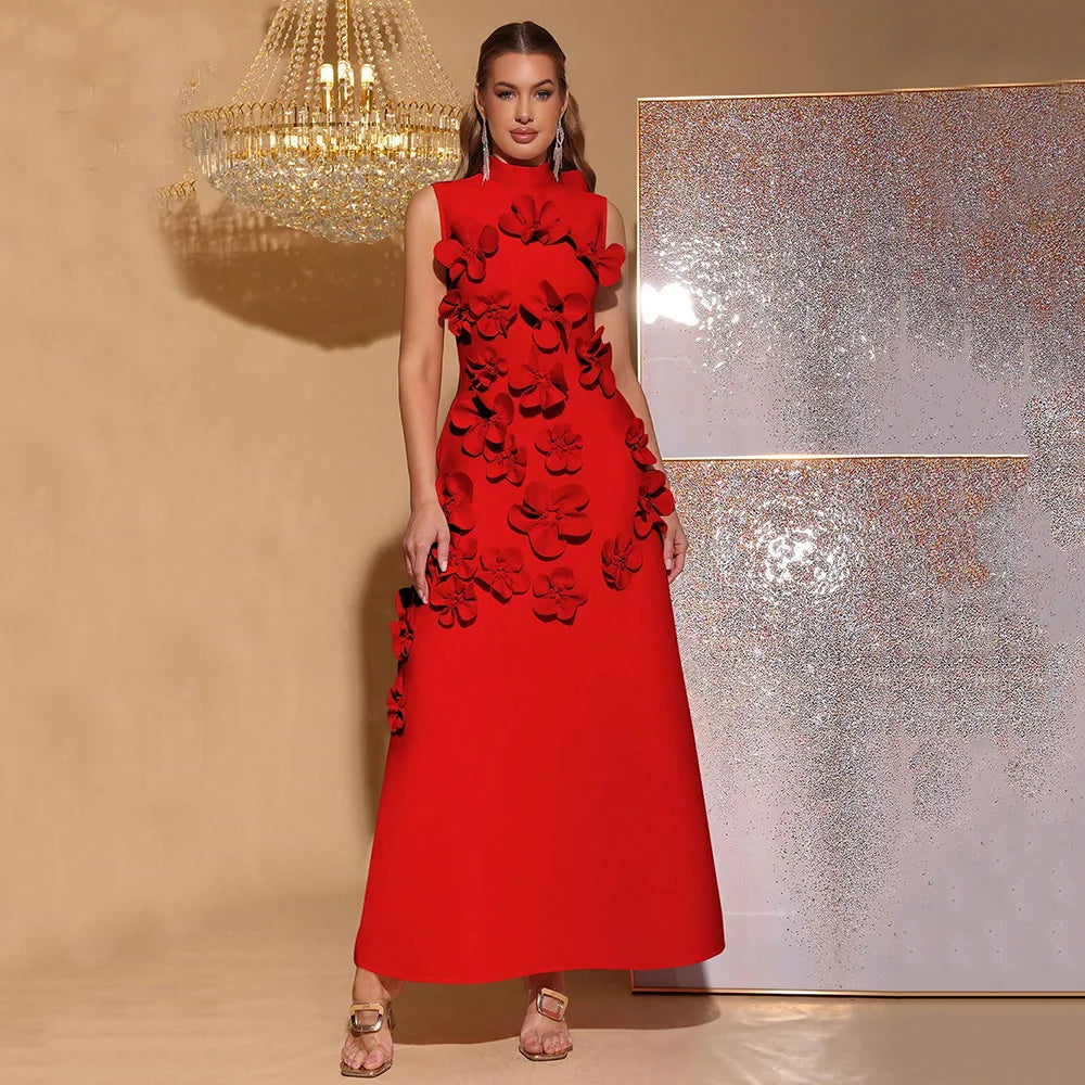 π3D flower dress stand neck a-line midaxi outfit for summer evening fashion occasion partywear fashion Three Sixty 3D