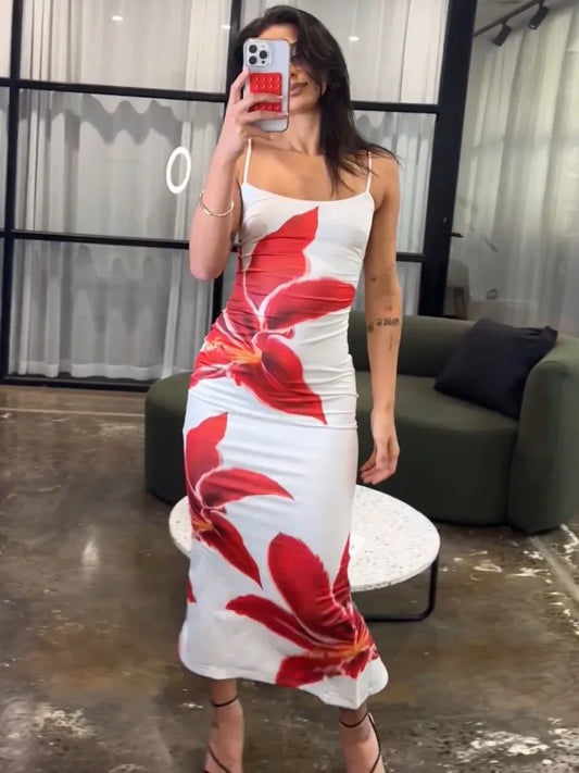 🍒 Summer printed maxi dress floral women spaghetti straps clothes holiday wear outfits backless fashion smart casual wear female long dress mini floral
