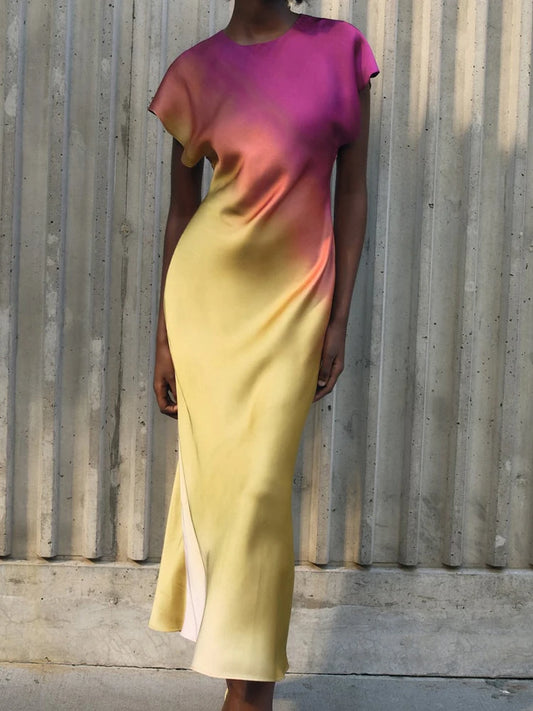 🍒Maxi gradient dress women summer wear elegant short sleeve satin outfit fashion slim fit high street clothing for occasion evening wear party wear Eat Summer Ice cream In Your Ice cream Summer