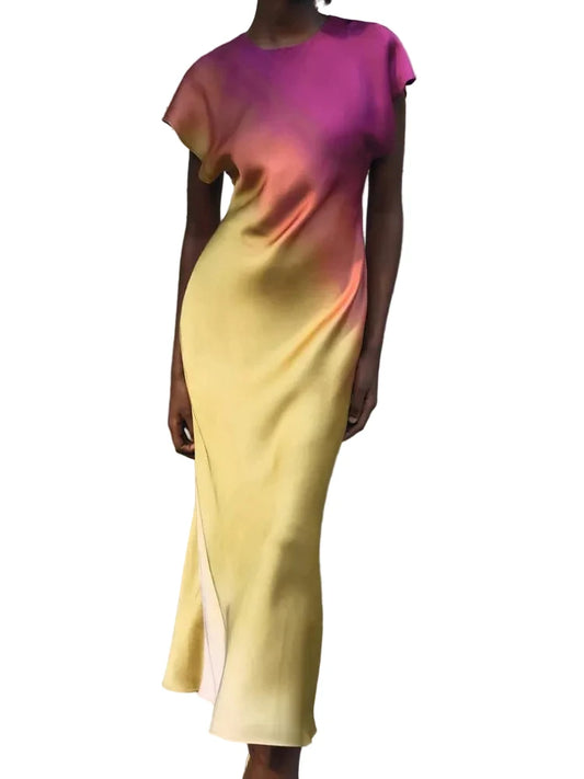 🍒Maxi gradient dress women summer wear elegant short sleeve satin outfit fashion slim fit high street clothing for occasion evening wear party wear Eat Summer Ice cream In Your Ice cream Summer