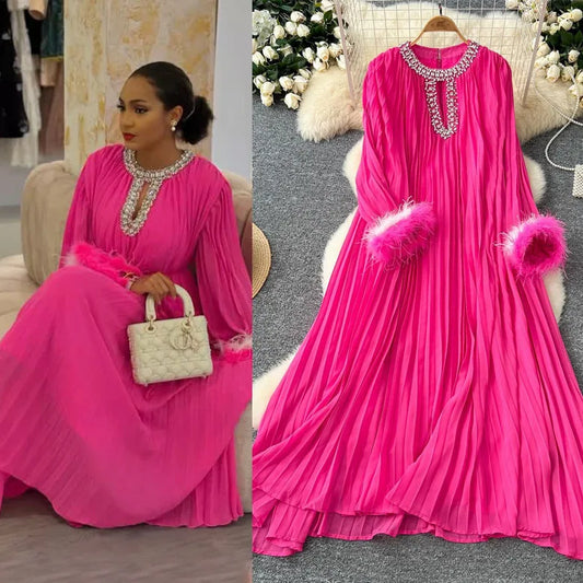 🍒Pleated long dress for women white maxi outfit wedding guest wear diamond and feather detail long sleeve elegant party occasion wear long sleeve club wear Look Diamond In Pleats