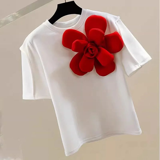 🍒 3D flower t-shirt o-neck white tee Y2k short sleeve loose top for summer women sweet fashion clothing Big Up Flower T-shirts