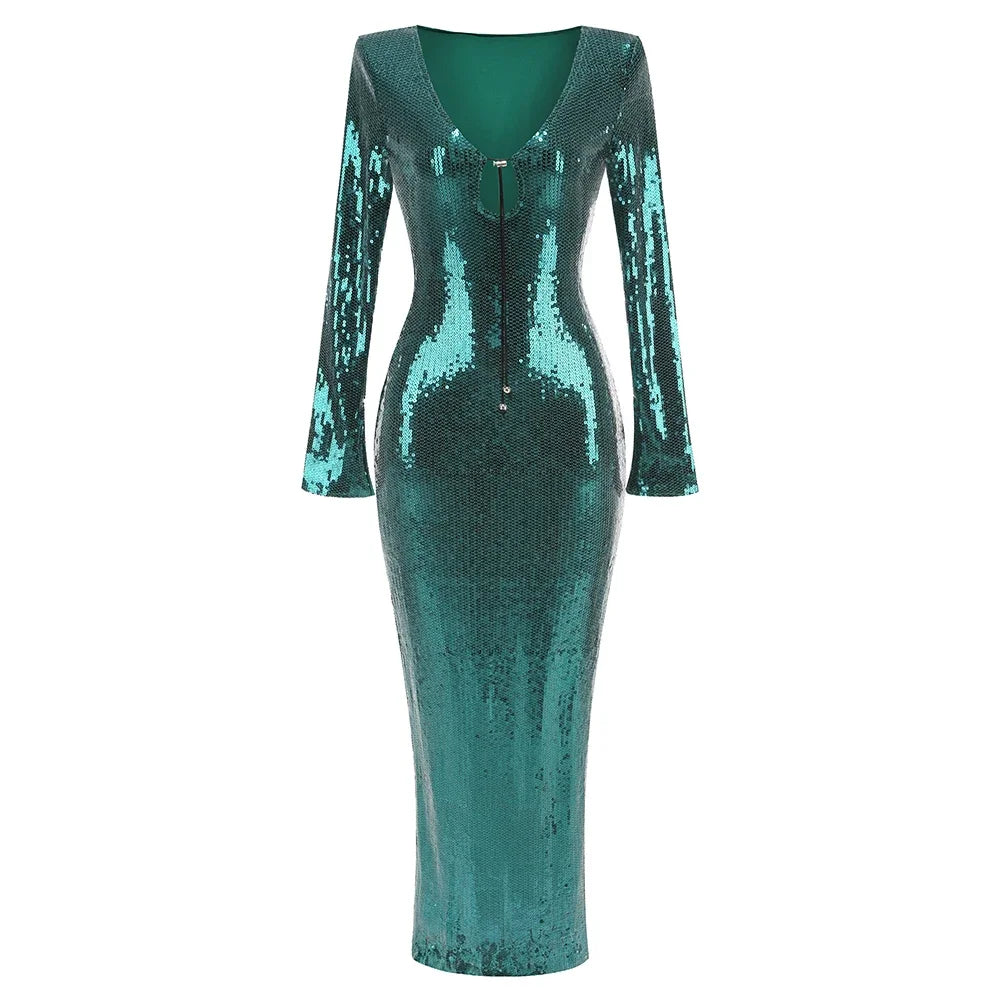 πV Neck sequin maxi dress long sleeve sequin bodycon celebrity night gown womens party outfit Be The Jewel In Your Own Crown