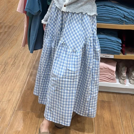 🍒Checkered a-line skirt high waisted tiered maxi skirt outfit all match loose pleated midaxi outfits for women fashion wear female casual wears Chic Check
