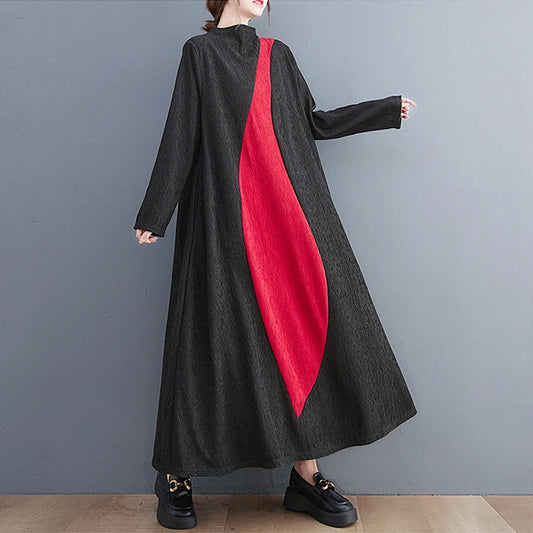 🍒Long sleeve maxi dress red and black outfit long sleeve loose women smart casual clothes with patchwork loose fit a-line occasion wear chic holiday wear oversize fashion Black Out Boring Clothes And Get This Red