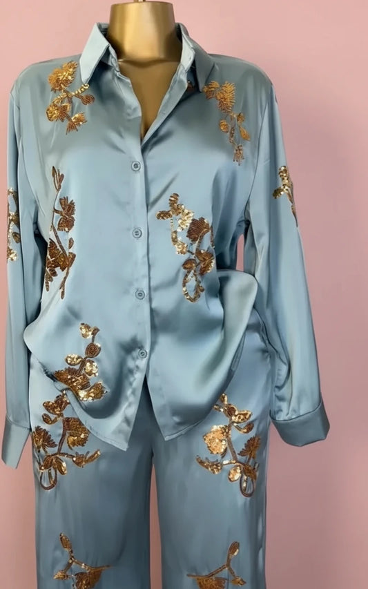 🍒Sequin two piece set long sleeve shirt top with elasticated waist party trousers smart casual clothing occasion outfit for women holiday vacation clothes for beach party Suitable Satin