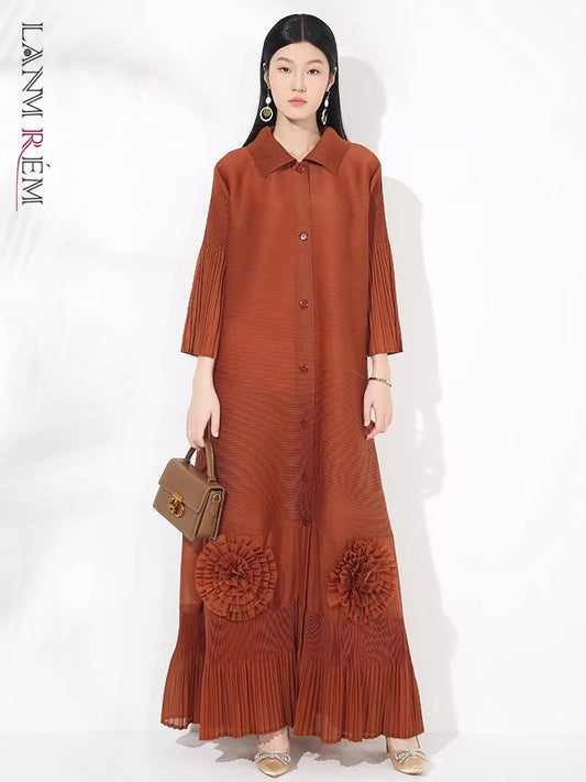 🍒Loose women's dress high-end chic lapel outfit with flared sleeves 3d floral fashion maxi single breasted coat dress party occasion wear Flowers At Your Feet frock