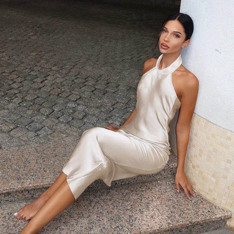 🍒Solid halter neck dress european and american style summer party occassionwear party fashion for women sleeveless backless satin maxi Get Back Out And Party