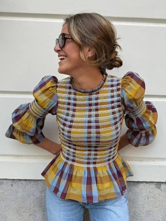 🍒Vintage plaid tops elastic pleated shirt women casual clothes o-neck long sleeves ruffle hem top chic fashion high streetwear smart casual clothing