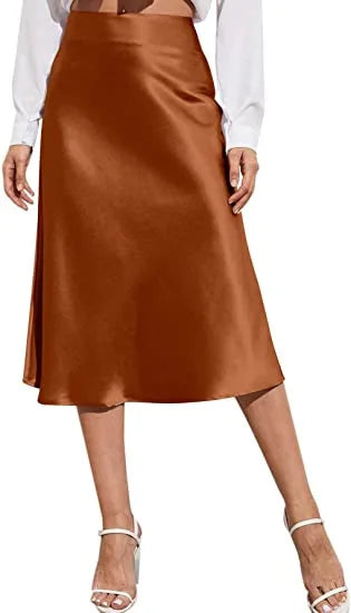 🍒Satin high waist midi skirt solid color a line skirt silky elegant fashion party wear smart casual clothing for women Shine In Satin