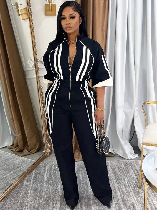 🍒Women Jumpsuits 3/4 sleeve stripe loose fashion rompers wide leg pants one piece trousers for women smart casual summer clothing Sport Stripes