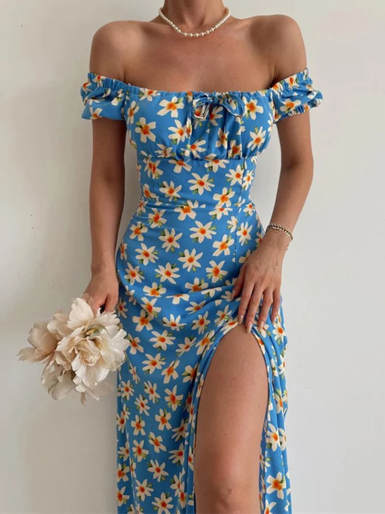 🍒Floral print party dress elegant women off shoulderless backless outfit summer slit boho midi smart casual ladies clothing Figure Out Your Floral Fashion