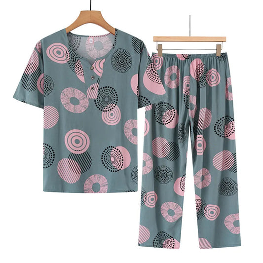 🍒Cotton rayon pajama set short sleeved top cropped and pants set two piece sleep wear for women lounge wear suit holiday clothing beach wear No Care Wear