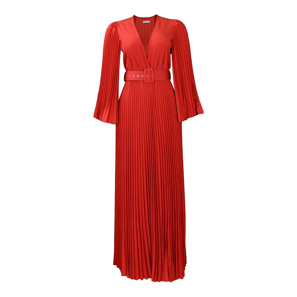 🍒 Dinner party dress V-neck design pleated womens fashion wear elegant maxi oufit with belt long sleeve fashion occasion wear party wear Com-PLEATly Flared Affair