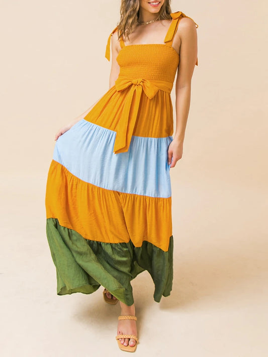 🍒Women’s tie shoulder dress summer sleeveless contrast colour outfit a-line long flowy summer wear female casual clothes Get On The BANDwagon With STRIPES