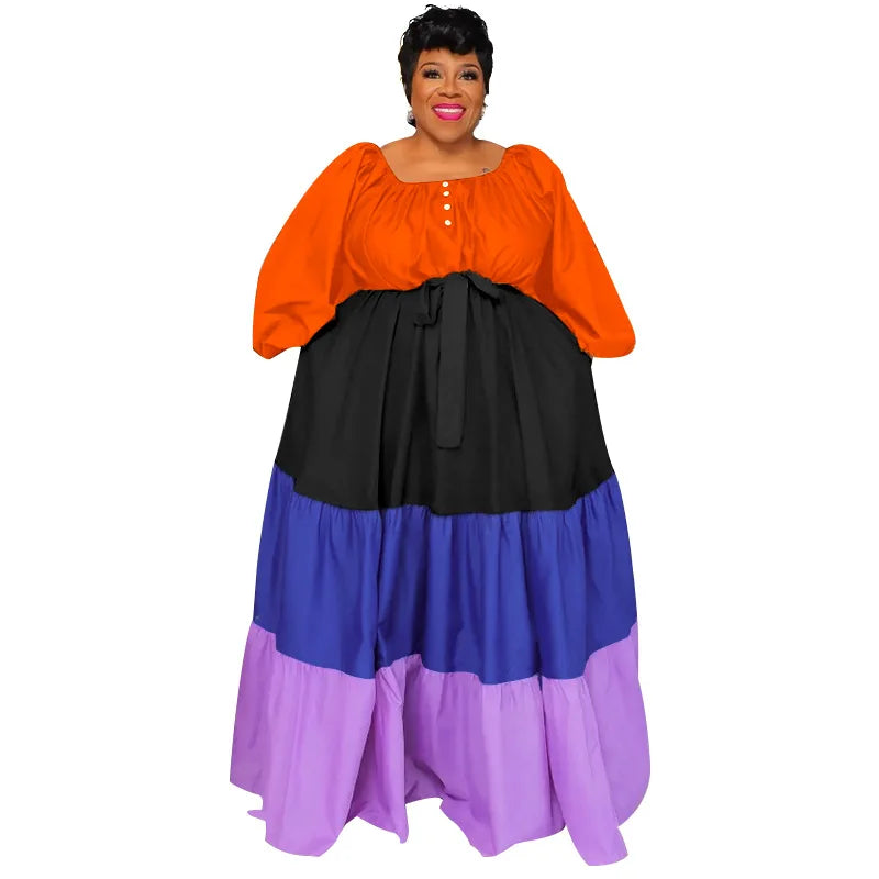 🍒Plus size womens dress colourful clothing puff sleeve maxi outfit long stleeve slash neck patchwork female casual wear Casual long dress Get Into Colour L-5XL