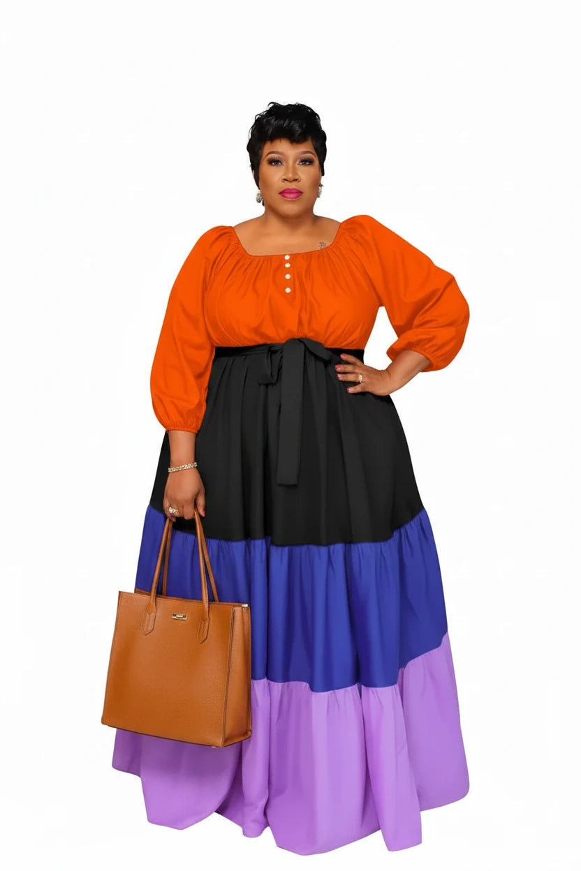 🍒Plus size womens dress colourful clothing puff sleeve maxi outfit long stleeve slash neck patchwork female casual wear Casual long dress Get Into Colour L-5XL