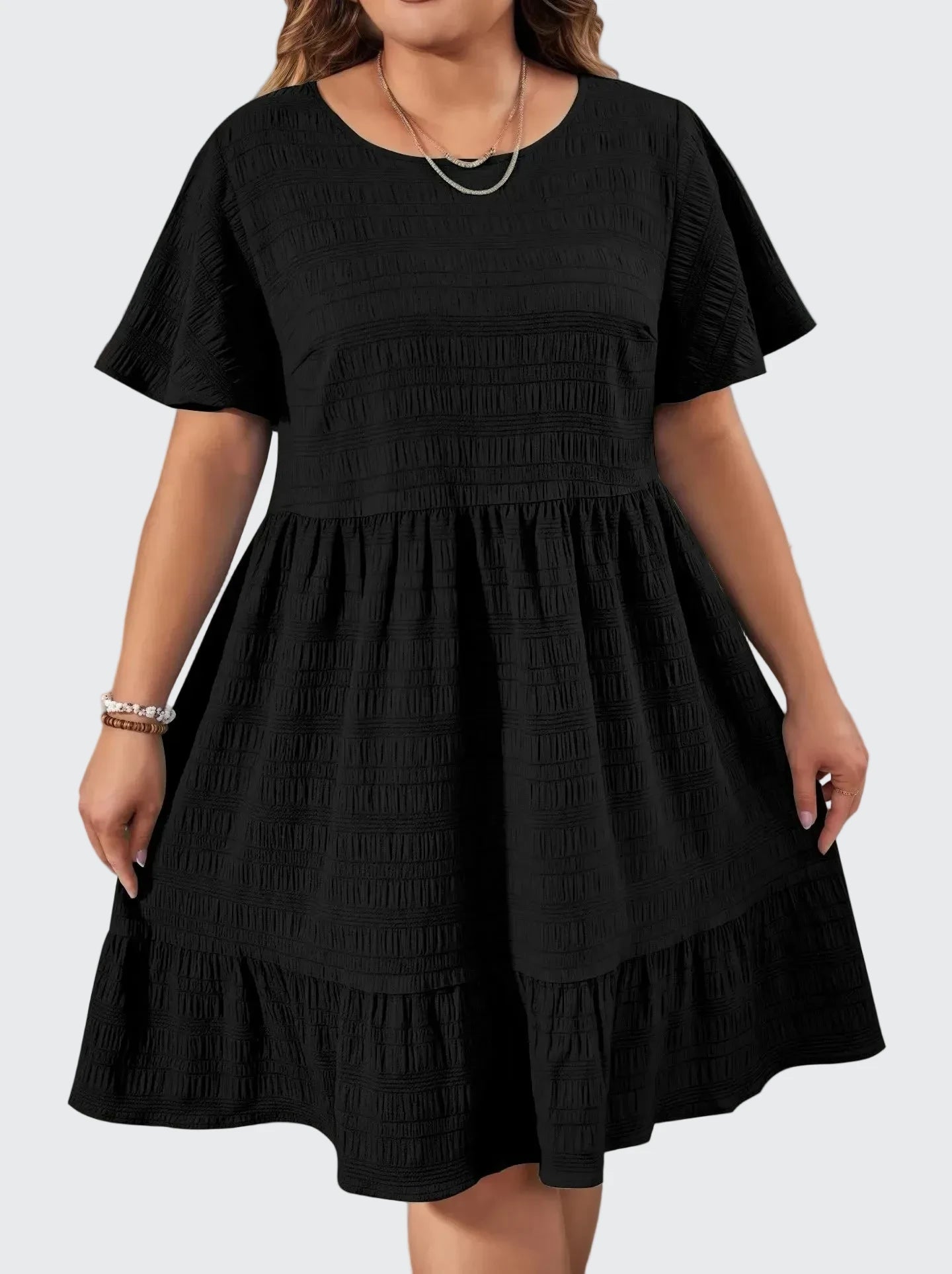 🍒Short sleeve dress plus size fashion over knee outfit round neck short sleeve frilled fashion wear loose casual cheese cloth clothing women Cheese Ease