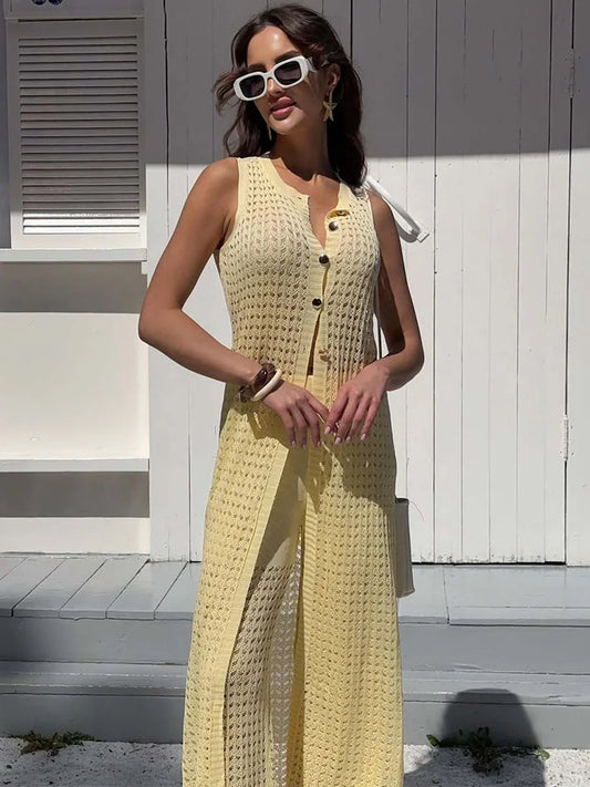 🍒Knit dress set womens summer wear mesh long cardigan cover up dress plus knitted high waist pants 2 piece set casual wear beach wear Cheerful Chalks
