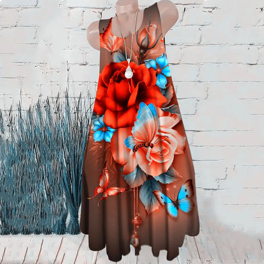 🍒Sleeveless floral print dresses summer beachy casual female short outfit floral fashion wear for women placment print