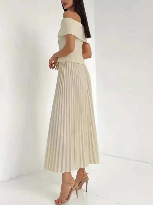 🍒Fashion two piece outfits with long pleated skirts maxi fashion and Off-shoulder top matching sets neutral clothing for women party formal wear party occasion wear Cool off with Ice Cream
