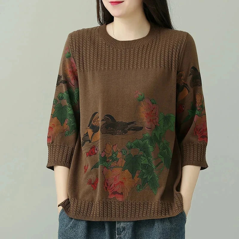 🍒Vintage print pullover loose And versatile knitted sweater women womens spring and summer tops 3/4 sleeve cotton autumn clothing Jump-er On The Flower Tree Top