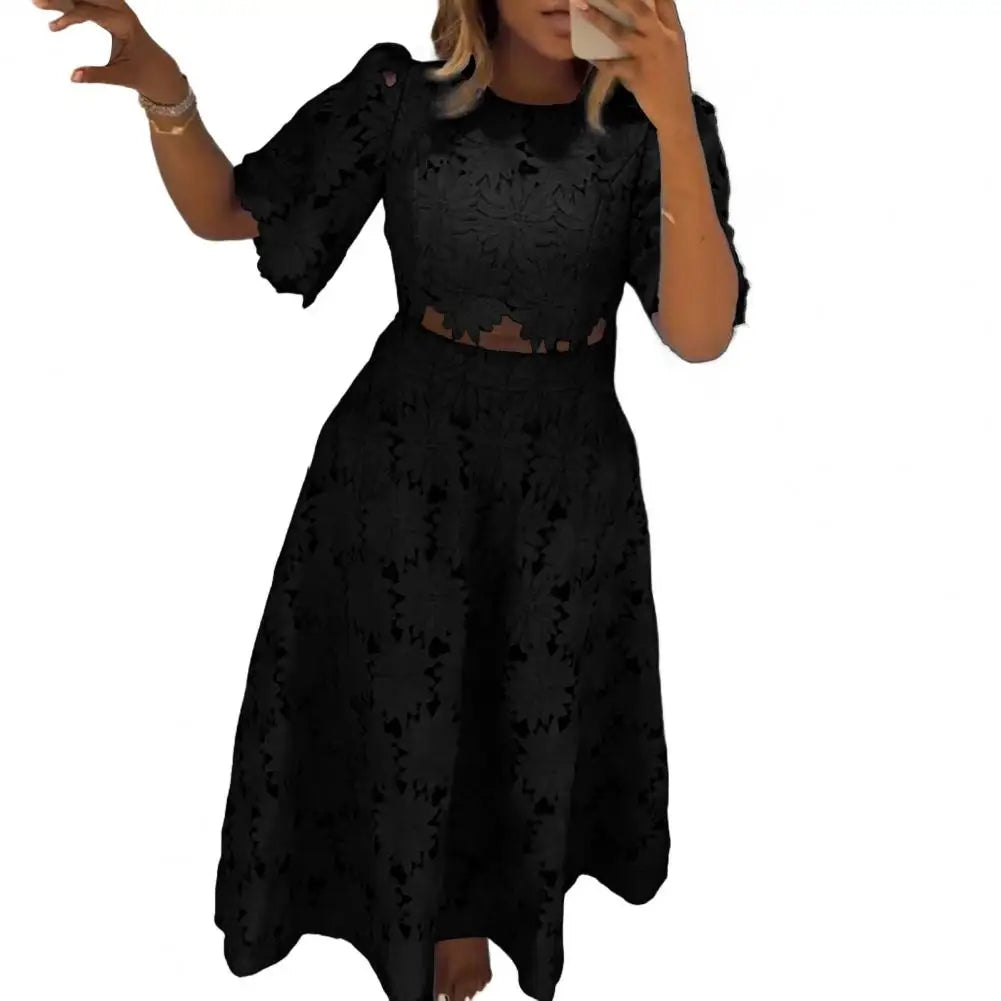 🍒Women's 2 Piece skirt set lace flower top and matching skirt smart casual outfits for women short sleeve round neck top and high waisted maxi skirt summer vacation clothing Get Laced In Colour