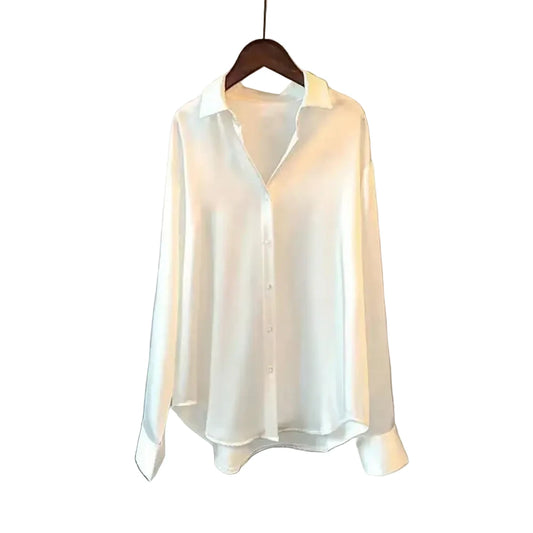 🍒Satin shirt women fashion smooth fabric versatile collar shirt elegant casual loose office long sleeves tops party evening wear party wear Super Sensual Satin