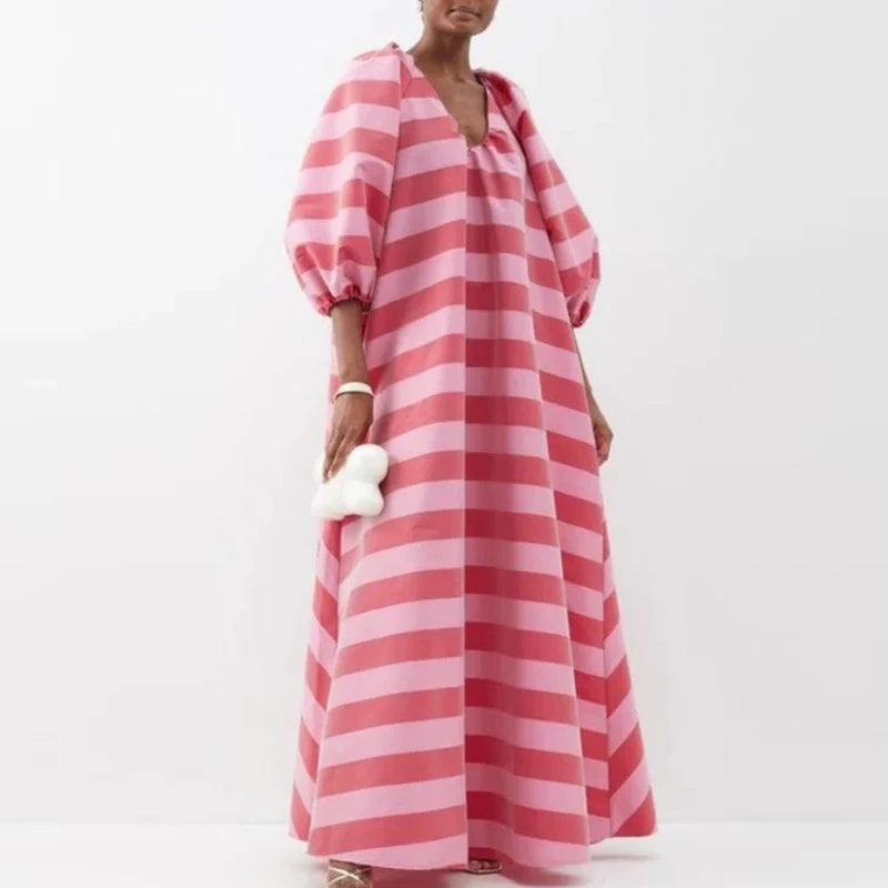 🍒 Striped party dress loose fit maxi swing casual high waist outfit pleated elegant v-neck puff sleeve long dress Puff Up Your Chess In A Stripy Dress