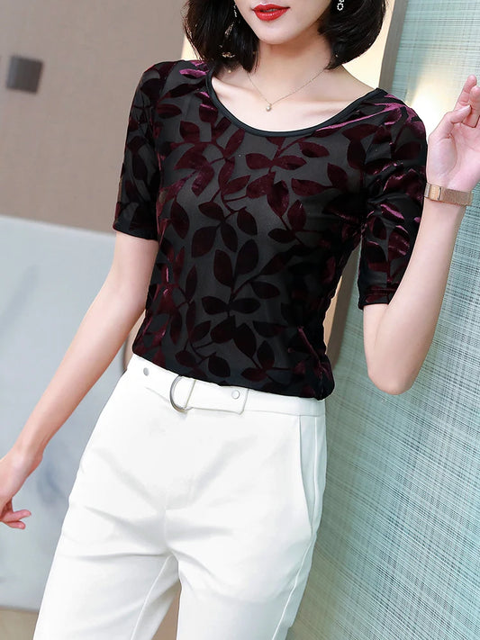 🍒Summer tops for women round neck velvet top devore t-shirt fashion flower gauze short sleeve tee smart casual clothing