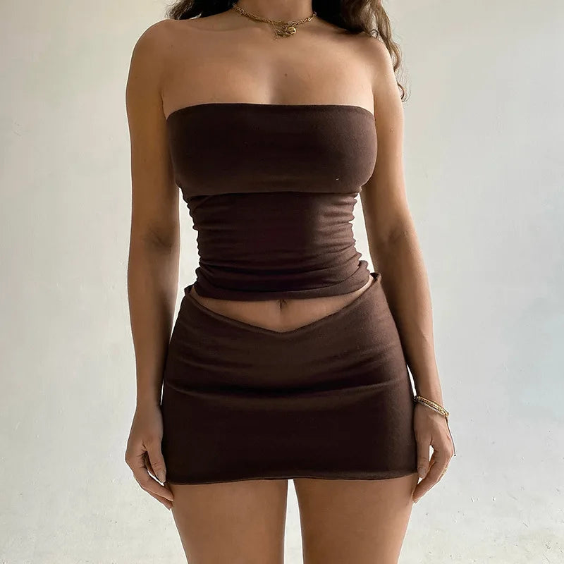 🍒Women's mini skirt and top set fashion high waisted short skirt plus bandeu top all match female summer wear casual wear clothes Outfit Y2K style Sassy Summ-her Sets