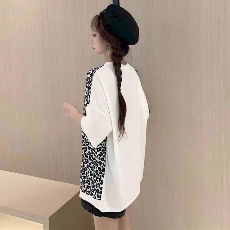 🍒Leopard patchwork t-shirt for women short-sleeved top loose top shirt female fashion clothing women casual clothes Print Animal Style