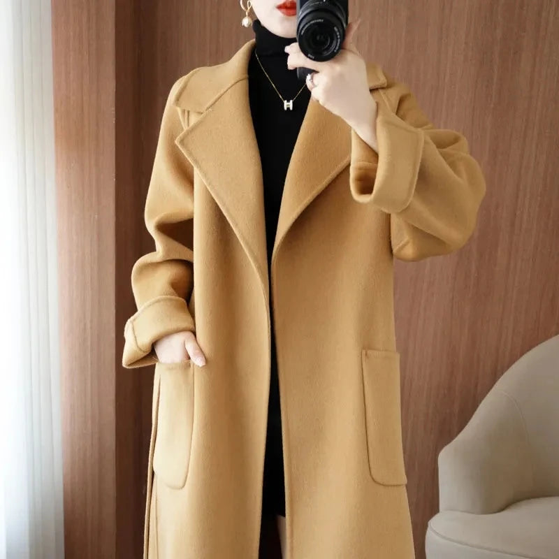 π100% wool coat for women autumn/winter fashion double sided cashmere coat with belt elegant long overcoat smart casual outerwear Warmup In Wool