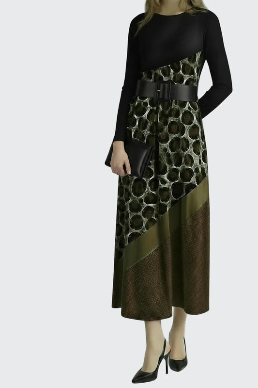 🍒Plus size elegant dress glitz and leopard print v-neck dress stretch slim a-line outfit with long sleeves casual clothing for women fashion maxi outfit Walk Bold Never Avoid An Animal