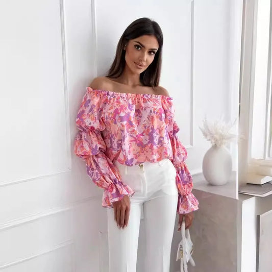 🍒Floral print off-shoulder blouse womens shirred puff sleeve top floral feminine casual ruffles shirt Tops Flower Up In A Puff