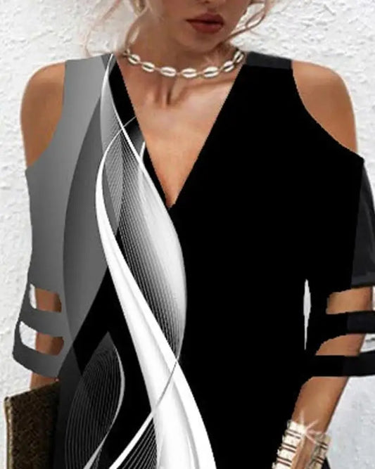 ๐Abstract print cold shoulder dress for women abstract print cold shoulder outfits contrast mesh clothes summer smart casual women wear a- Line Abstract Distract