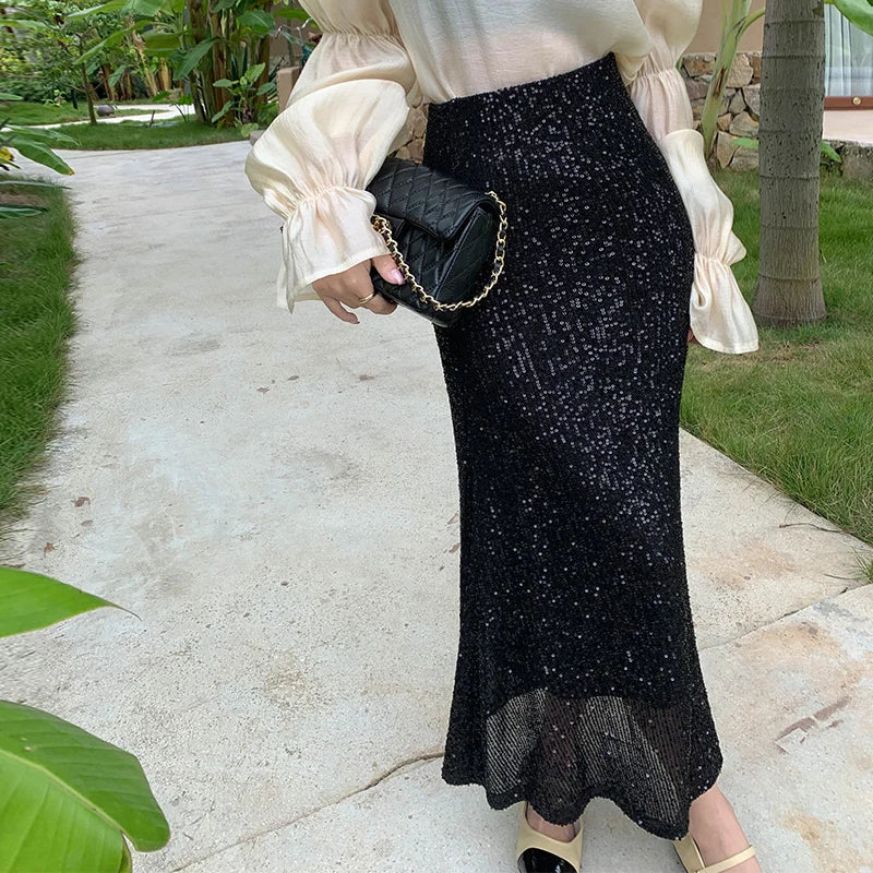 🍒Sequin maxi skirt summer elasticated waist skirts full length bodycon fashion clothing for women glitter party club wear for women