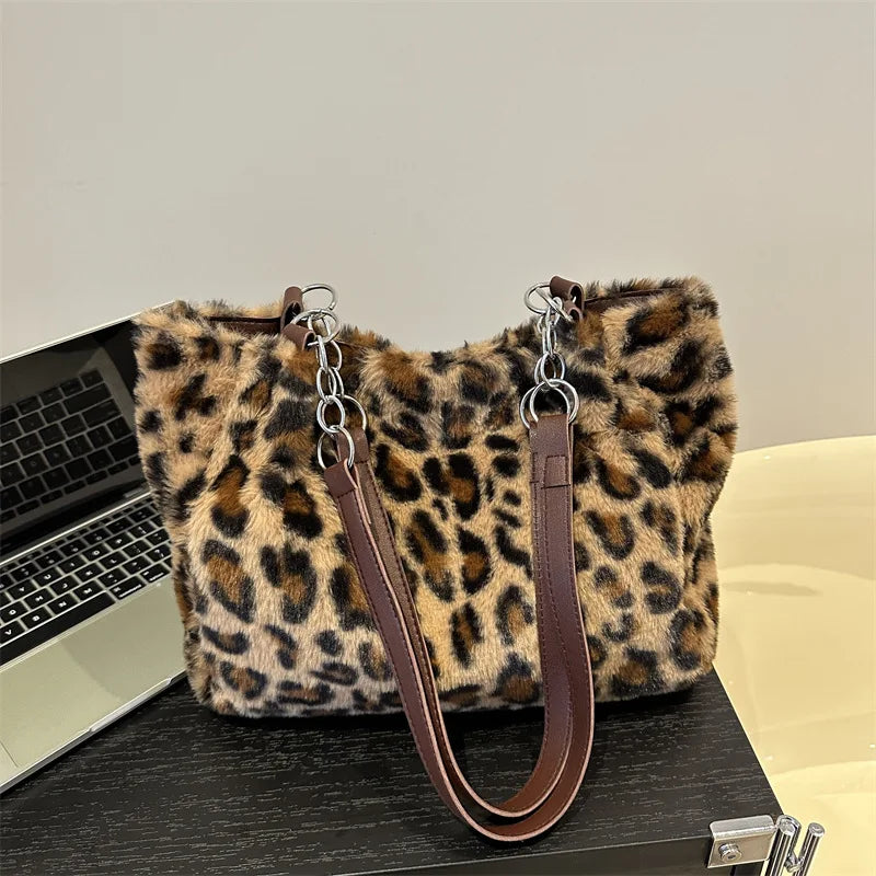 🍒Leopard print tote bag large capacity over shoulder bag fur shopper bag women's faux fur handbags for college Carry Animal