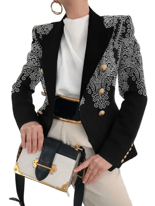🍒Long sleeve button sequin jacket for occasion simple chic outerwear turn-down collar coats women spring autumn fashion ladies blazers Aqua -ire A Cool Black and White Jacket