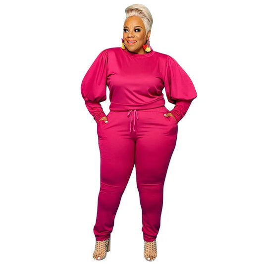 🍒Plus size sets for women two piece pant suit sport style puff sleeve clothing women solid colour long sleeve top and pant fitted two piece sets smart casual clothing L-4XL Sport A Puff