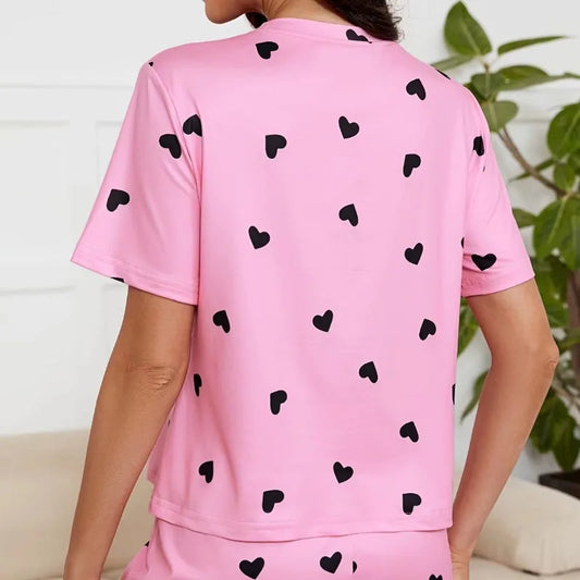 🍒Women's Love heart sleepwear set print knit fashion soft short sleeve top and shorts sleepwear set for comfortable home wear lounge wear Light Hearted Fun